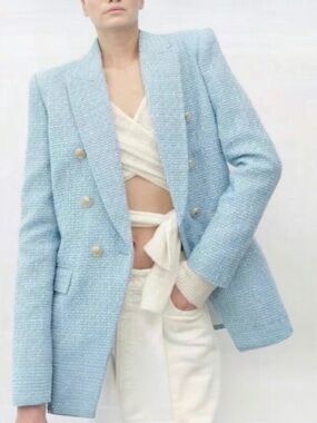 Jason Wu Sky Blue Boucle Double Breasted Blazer with Gold Accent Buttons Small